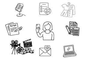 A graphic where a person holding a camera is surrounded by mic, script, camera, checklist, envelope, laptop, clothes, and paper and calculator.